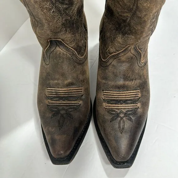 Rockin Country Brown Leather Cowgirl Western Pointed Toe Distressed Heel Boots