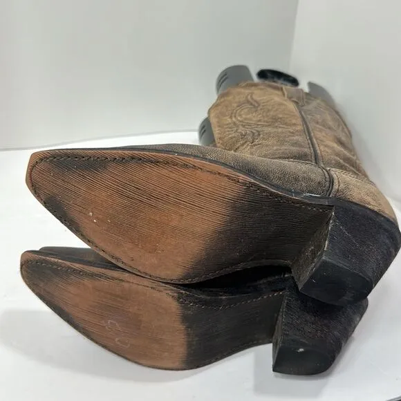 Rockin Country Brown Leather Cowgirl Western Pointed Toe Distressed Heel Boots