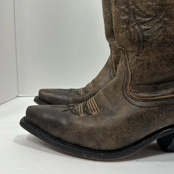 Rockin Country Brown Leather Cowgirl Western Pointed Toe Distressed Heel Boots