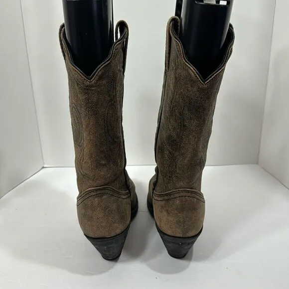 Rockin Country Brown Leather Cowgirl Western Pointed Toe Distressed Heel Boots