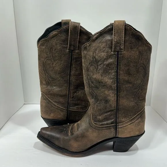 Rockin Country Brown Leather Cowgirl Western Pointed Toe Distressed Heel Boots