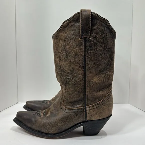 Rockin Country Brown Leather Cowgirl Western Pointed Toe Distressed Heel Boots