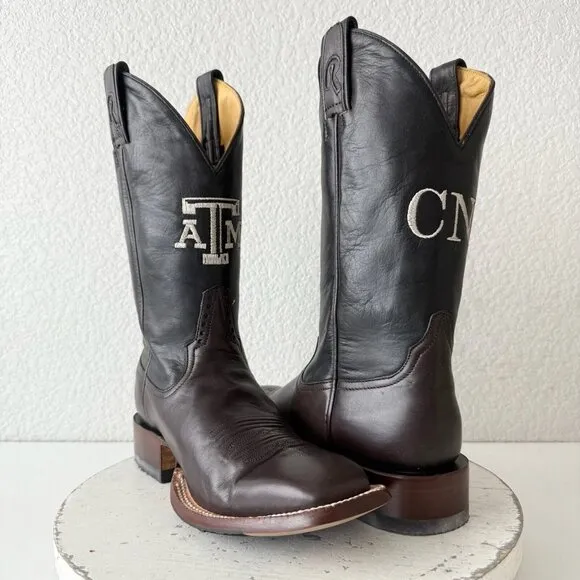 Rod Patrick Mens Cowboy Boots 8.5AA Brown CAYUSE Leather Western Texas A&amp;M Logo