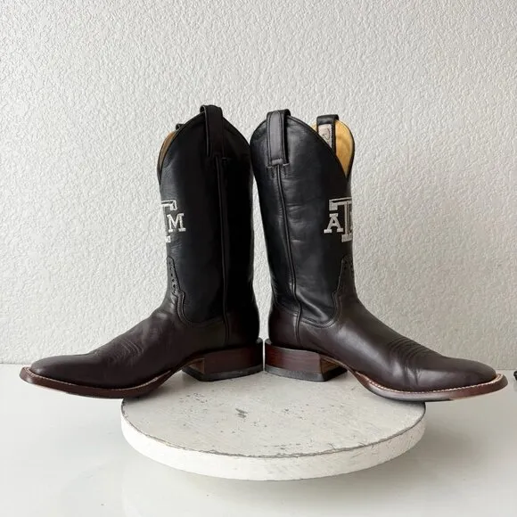 Rod Patrick Mens Cowboy Boots 8.5AA Brown CAYUSE Leather Western Texas A&amp;M Logo
