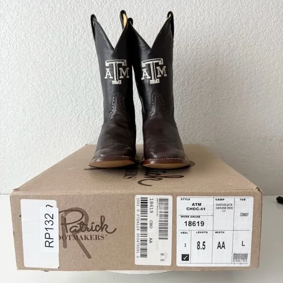 Rod Patrick Mens Cowboy Boots 8.5AA Brown CAYUSE Leather Western Texas A&amp;M Logo