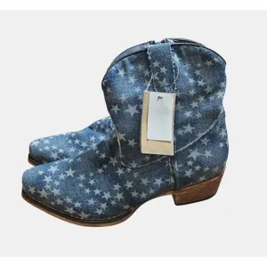 Roper Merica Denim Snip Toe Western Boots Blue Stars 8.5 Stone Wash Western NWT