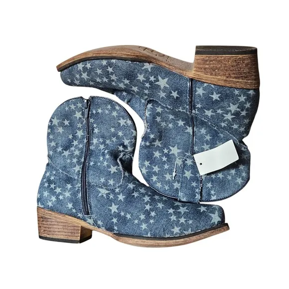 Roper Merica Denim Snip Toe Western Boots Blue Stars 8.5 Stone Wash Western NWT