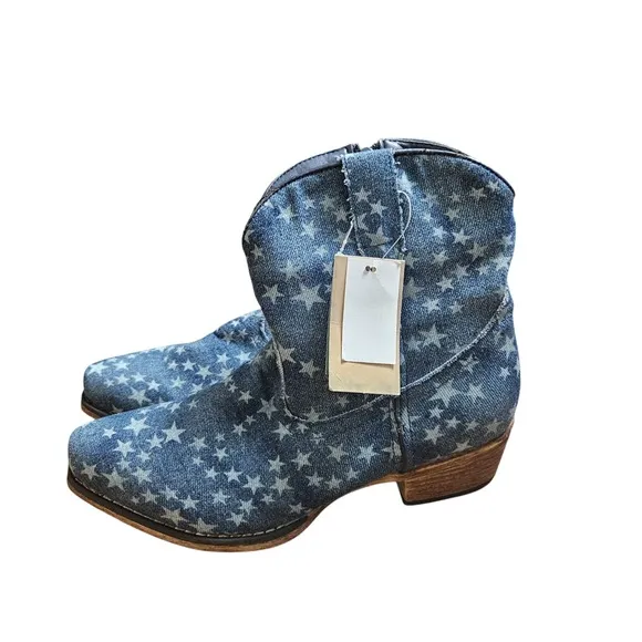 Roper Merica Denim Snip Toe Western Boots Blue Stars 8.5 Stone Wash Western NWT