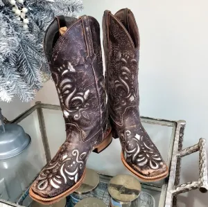 Roper women's distressed brown square toe boots/silver inlays Size 6