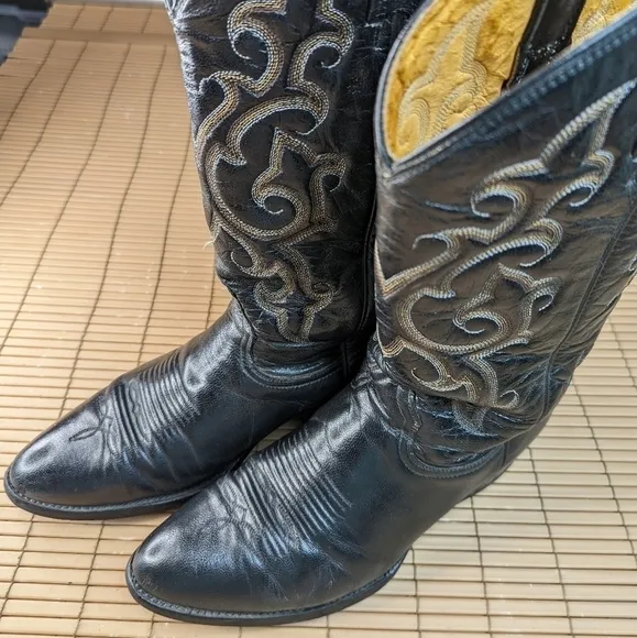 Rudel Boots men's sz 10D black leather Western Cowboy boots. Repair spot on left