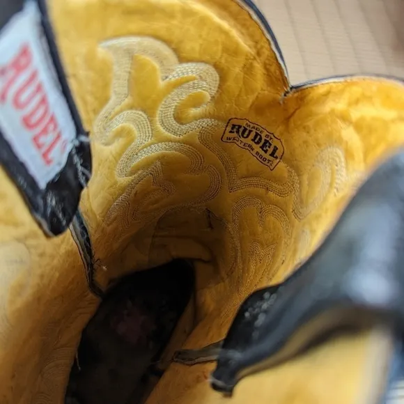 Rudel Boots men's sz 10D black leather Western Cowboy boots. Repair spot on left