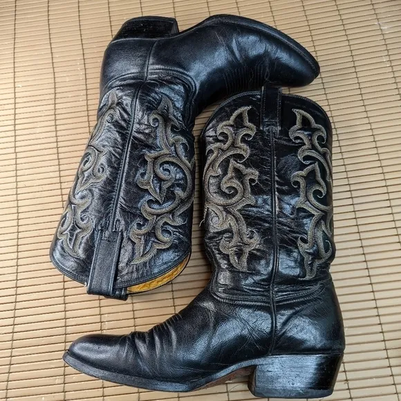 Rudel Boots men's sz 10D black leather Western Cowboy boots. Repair spot on left