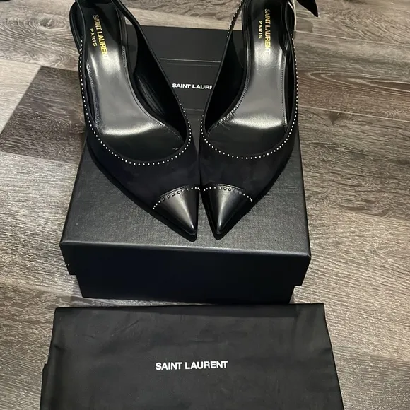 Saint Laurent: Charlotte studded Black Suede Sling Shoes