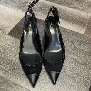 Saint Laurent: Charlotte studded Black Suede Sling Shoes