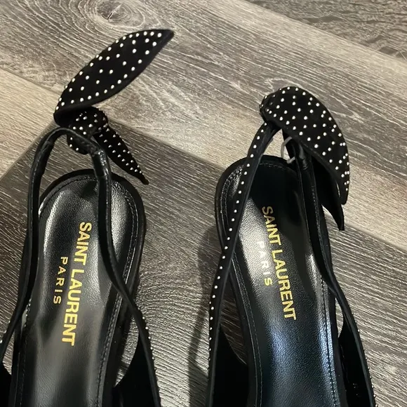 Saint Laurent: Charlotte studded Black Suede Sling Shoes