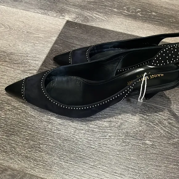 Saint Laurent: Charlotte studded Black Suede Sling Shoes