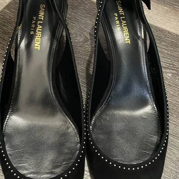 Saint Laurent: Charlotte studded Black Suede Sling Shoes