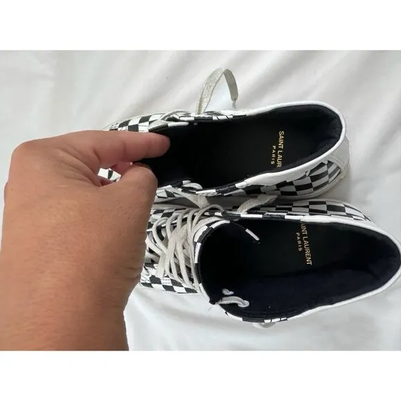 Saint Laurent Women's Bedford Check Leather Lace Up Hi Top Sneakers Size 39.5