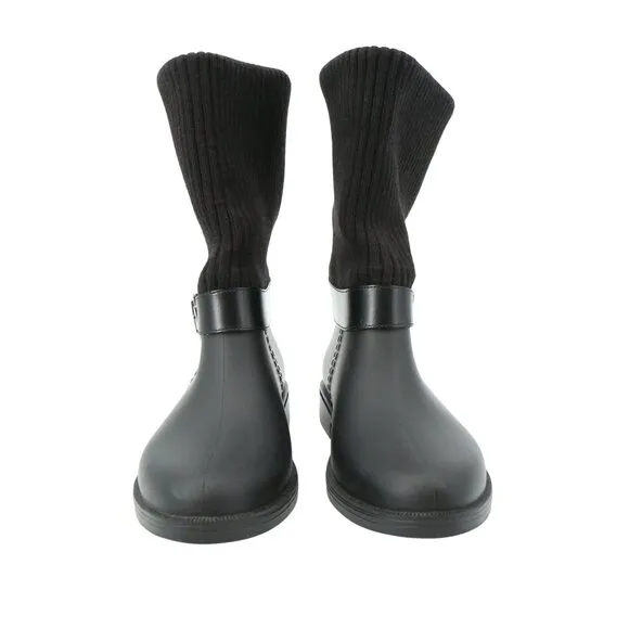 Salvatore Ferragamo Thordis Rain Boots Black Fold Down Ribbed Knit Shaft 7