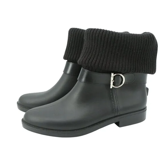 Salvatore Ferragamo Thordis Rain Boots Black Fold Down Ribbed Knit Shaft 7