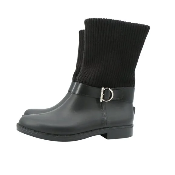 Salvatore Ferragamo Thordis Rain Boots Black Fold Down Ribbed Knit Shaft 7