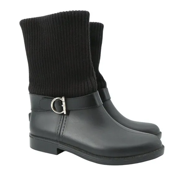 Salvatore Ferragamo Thordis Rain Boots Black Fold Down Ribbed Knit Shaft 7