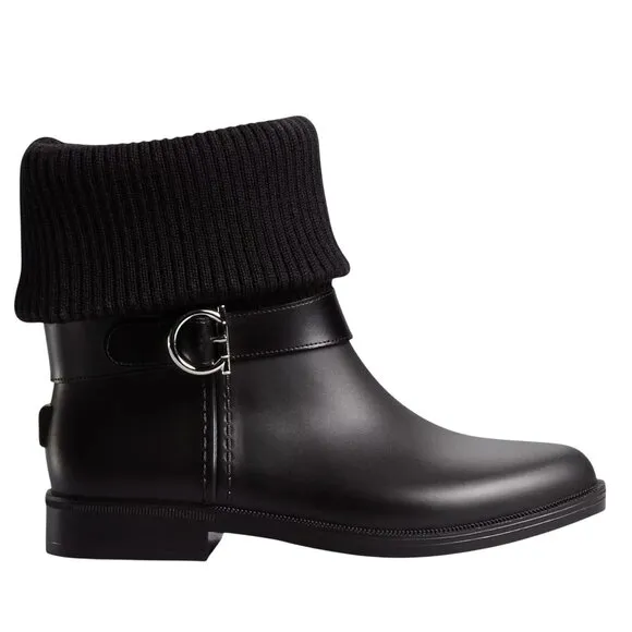 Salvatore Ferragamo Thordis Rain Boots Black Fold Down Ribbed Knit Shaft 7