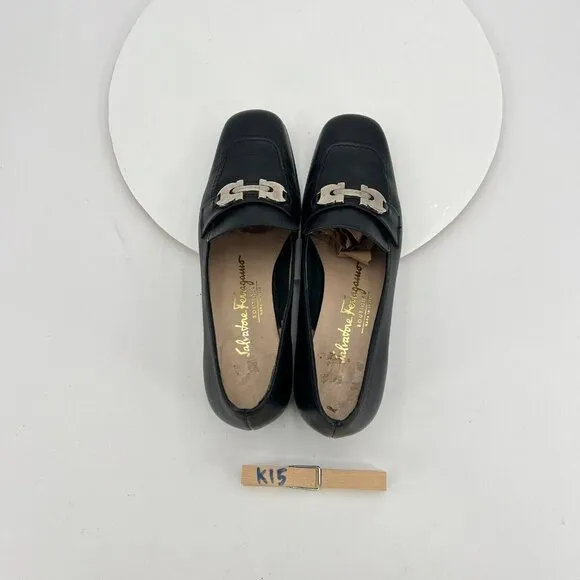 Salvatore Ferragamo Women Size 6 Black Leather Horse Bit Slip On Low Heel Shoes
