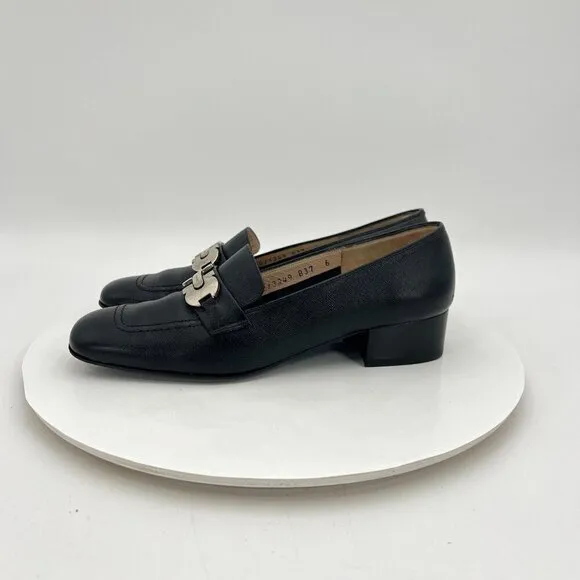 Salvatore Ferragamo Women Size 6 Black Leather Horse Bit Slip On Low Heel Shoes