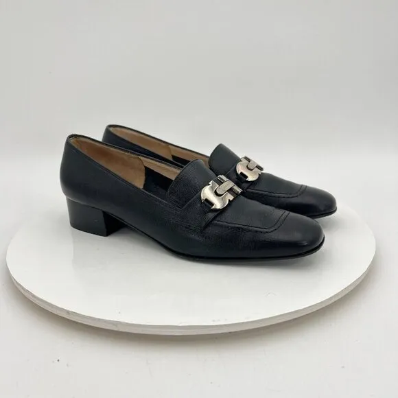 Salvatore Ferragamo Women Size 6 Black Leather Horse Bit Slip On Low Heel Shoes