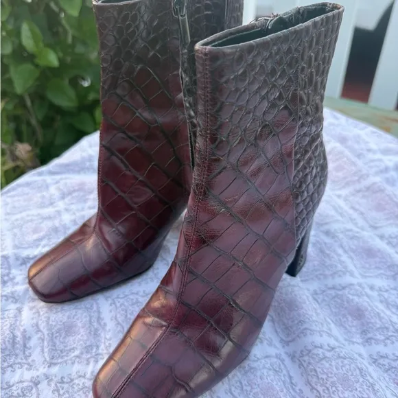 Sam Edelman Brown Ankle Boots with Crocodile Embossed Leather