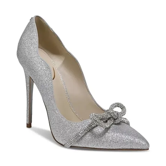 Sam Edelman Deela Pointed Toe Mesh Bow Stiletto Heel Scallop Upper Glitter sz 10
