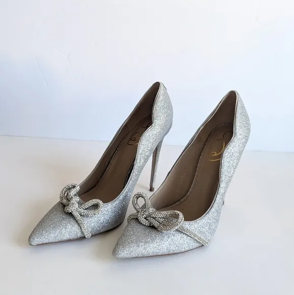 Sam Edelman Deela Pointed Toe Mesh Bow Stiletto Heel Scallop Upper Glitter sz 10