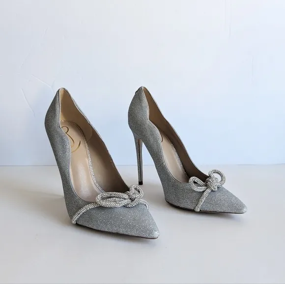 Sam Edelman Deela Pointed Toe Mesh Bow Stiletto Heel Scallop Upper Glitter sz 10