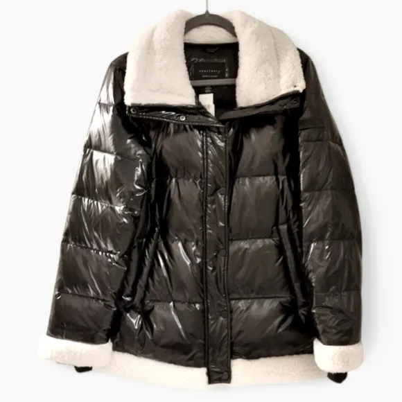 SANCTUARY Down Shearling Puffer High Shine Black Jacket Coat Sherpa Feather M