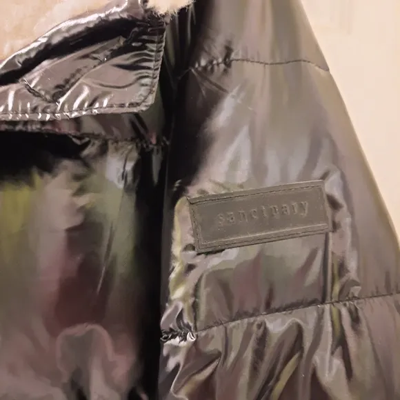 SANCTUARY Down Shearling Puffer High Shine Black Jacket Coat Sherpa Feather M
