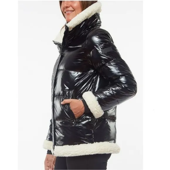 SANCTUARY Down Shearling Puffer High Shine Black Jacket Coat Sherpa Feather M