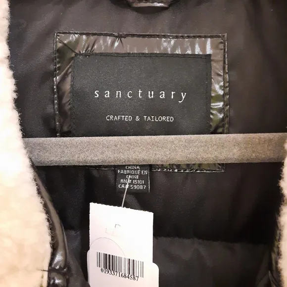 SANCTUARY Down Shearling Puffer High Shine Black Jacket Coat Sherpa Feather M