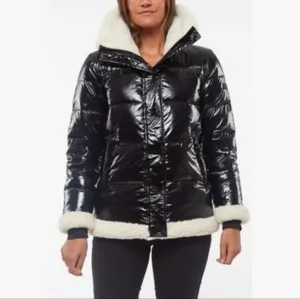SANCTUARY Down Shearling Puffer High Shine Black Jacket Coat Sherpa Feather M