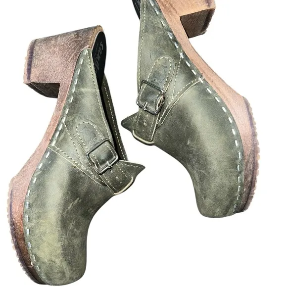 Sandgren Suede Leather Wooden Clogs Shoes Womens 7.5 US 38 EUR Slip On  Olive