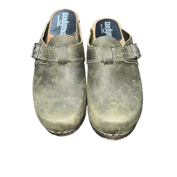 Sandgren Suede Leather Wooden Clogs Shoes Womens 7.5 US 38 EUR Slip On  Olive