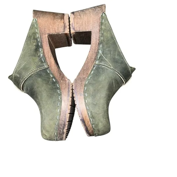 Sandgren Suede Leather Wooden Clogs Shoes Womens 7.5 US 38 EUR Slip On  Olive