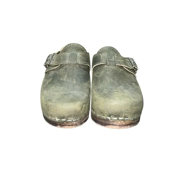 Sandgren Suede Leather Wooden Clogs Shoes Womens 7.5 US 38 EUR Slip On  Olive