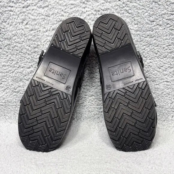Sanita Cori Womens Size 38 US 7 Slip On Clogs Shoes Black Leather Snap Strap