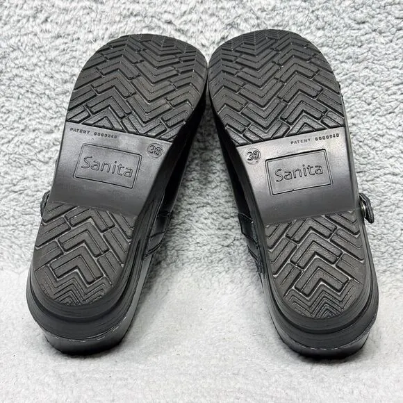 Sanita Cori Womens Size 38 US 7 Slip On Clogs Shoes Black Leather Snap Strap