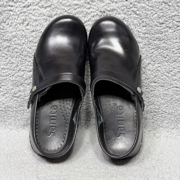 Sanita Cori Womens Size 38 US 7 Slip On Clogs Shoes Black Leather Snap Strap