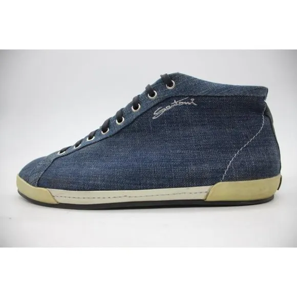 Santoni High-Top Denim Sneakers Men's Size UK 8 Blue Sneakers Made in Italy