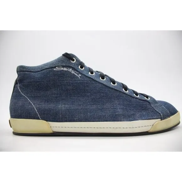 Santoni High-Top Denim Sneakers Men's Size UK 8 Blue Sneakers Made in Italy