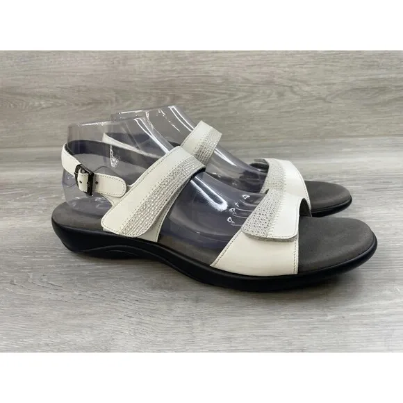 SAS Nudu Women's 12 White Leather Slip-On Ankle Strap Wedge Slingback Sandal