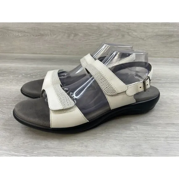 SAS Nudu Women's 12 White Leather Slip-On Ankle Strap Wedge Slingback Sandal